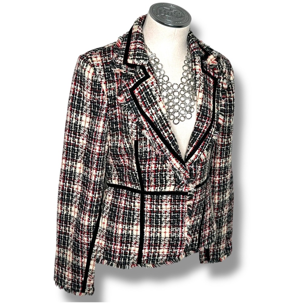 True Meaning Blazer Sz 6 Tweed Plaid Black Velvet Trim Frayed Hem‎ Career Jacket